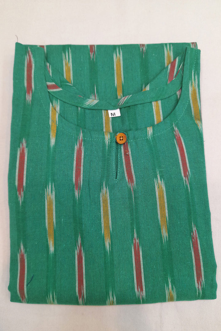 Handwoven ikat cotton kurti in straight cut in green