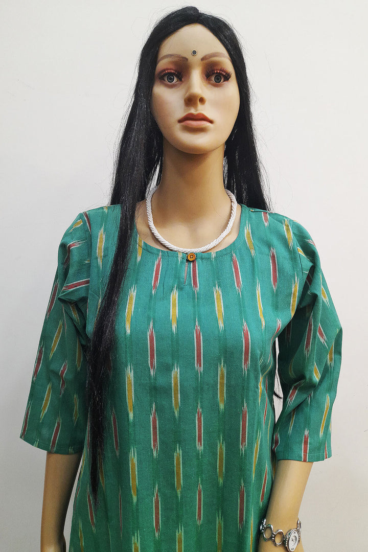 Handwoven ikat cotton kurti in straight cut in green