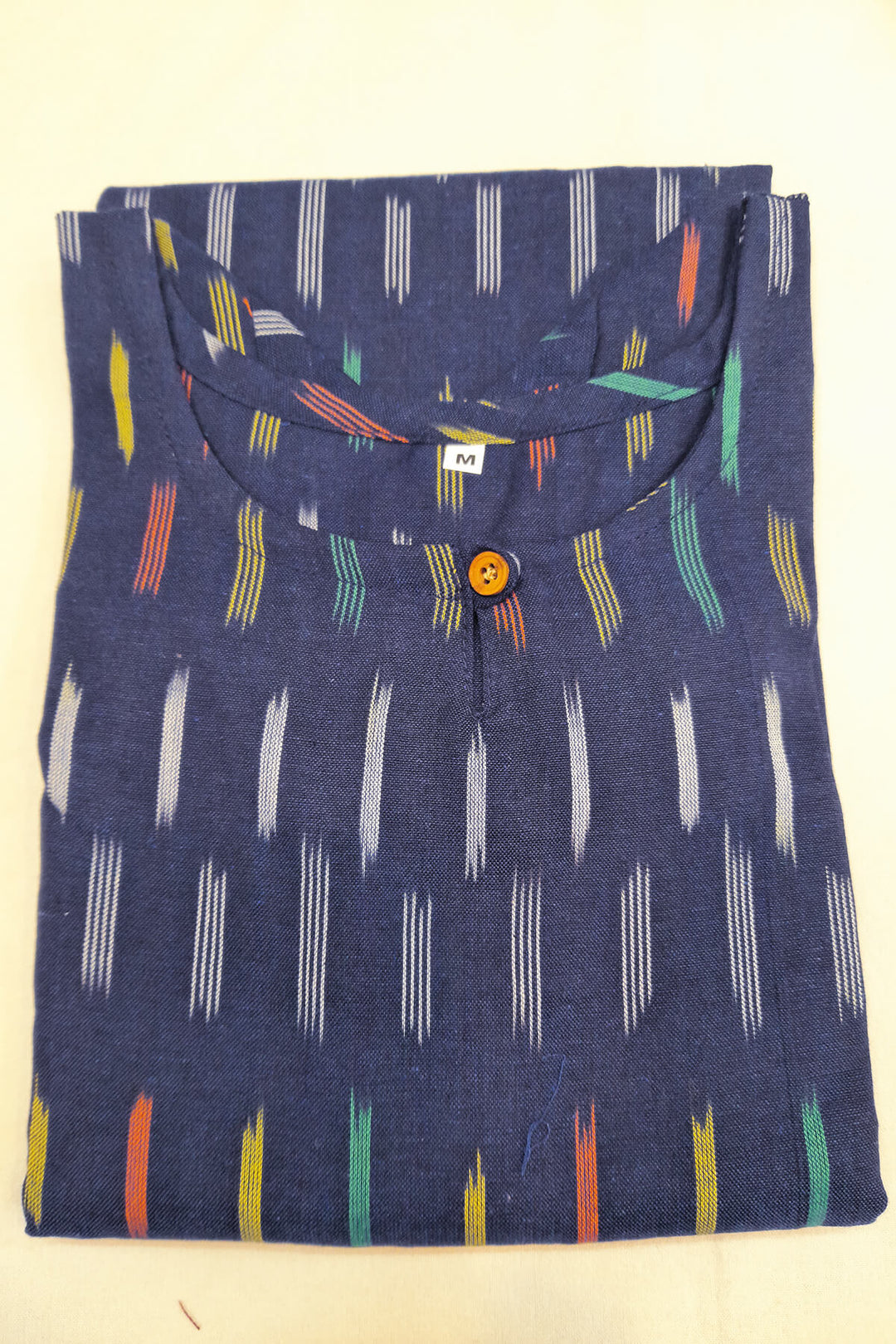 Handwoven ikat cotton kurti in straight cut in navy blue