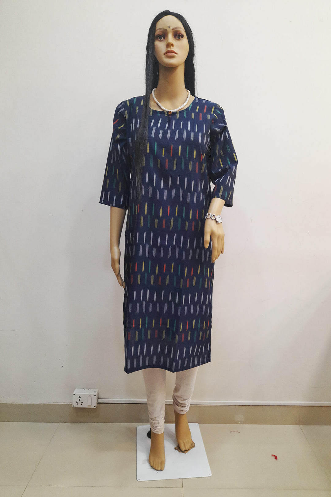 Handwoven ikat cotton kurti in straight cut in navy blue