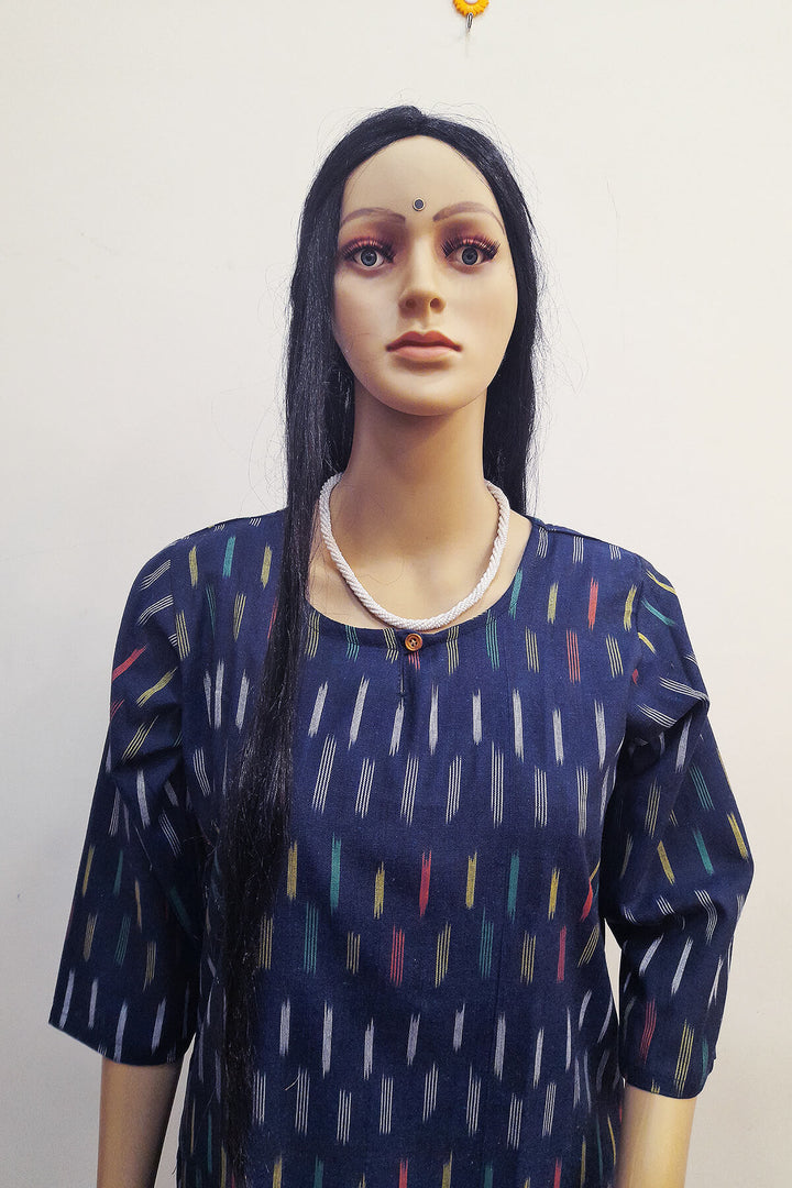Handwoven ikat cotton kurti in straight cut in navy blue