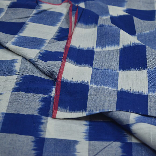 Handwoven double  Ikkat pure cotton fabric in off white & blue checks