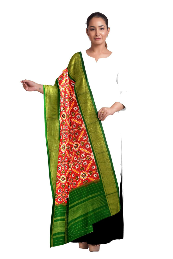 Handwoven Ikkat pure silk dupatta in red in pan patola pattern