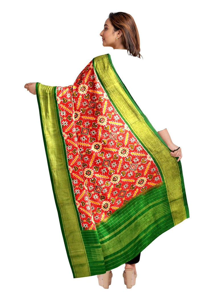 Handwoven Ikkat pure silk dupatta in red in pan patola pattern