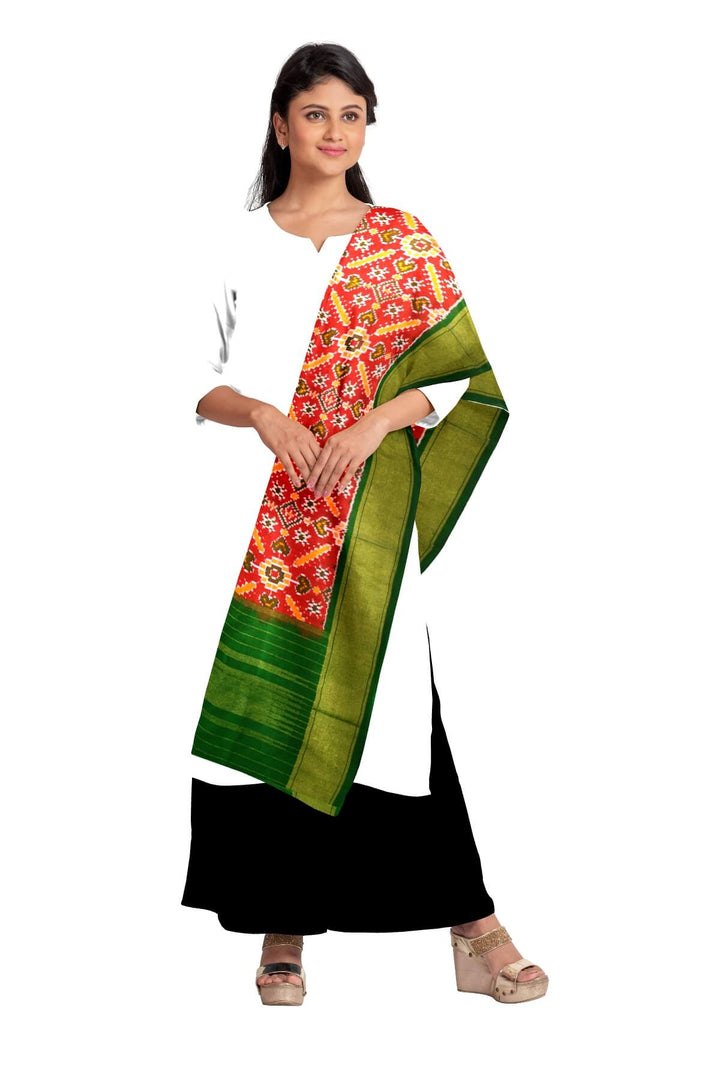 Handwoven Ikkat pure silk dupatta in red in pan patola pattern