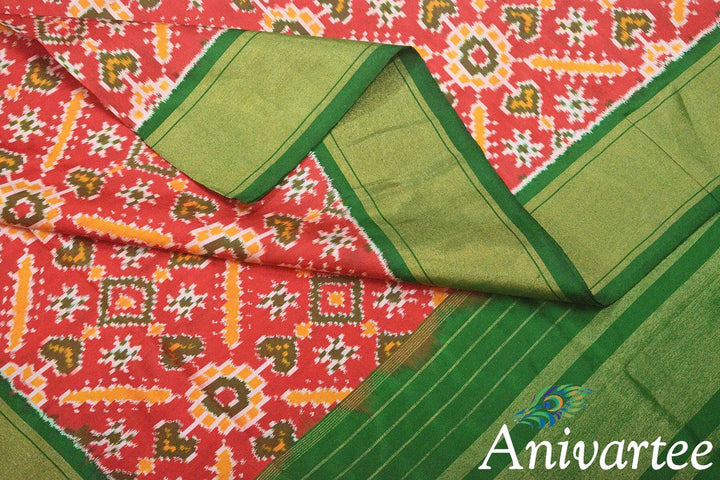 Handwoven Ikkat pure silk dupatta in red in pan patola pattern