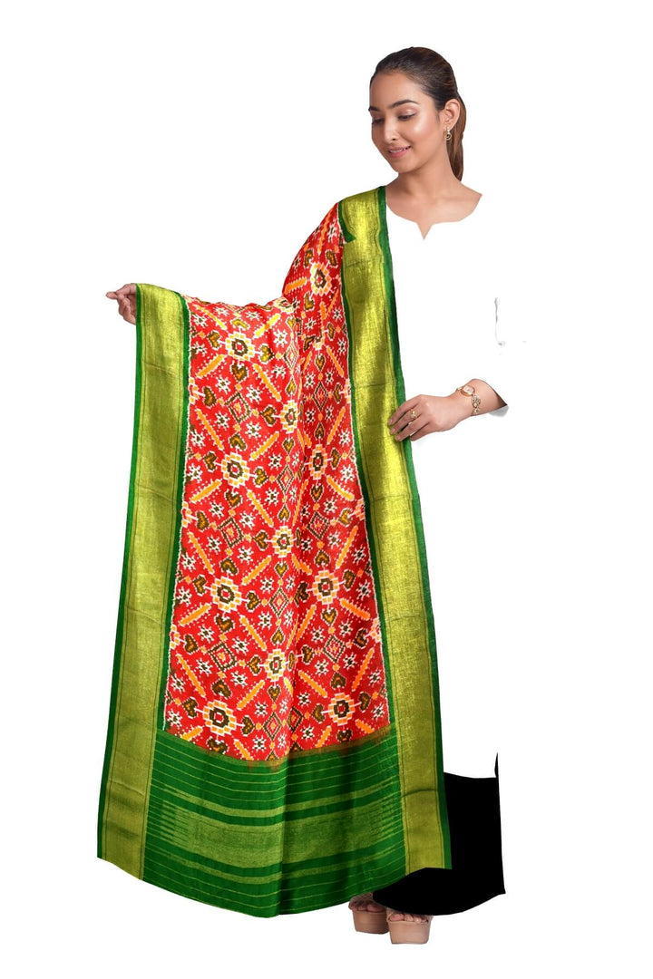 Handwoven Ikkat pure silk dupatta in red in pan patola pattern