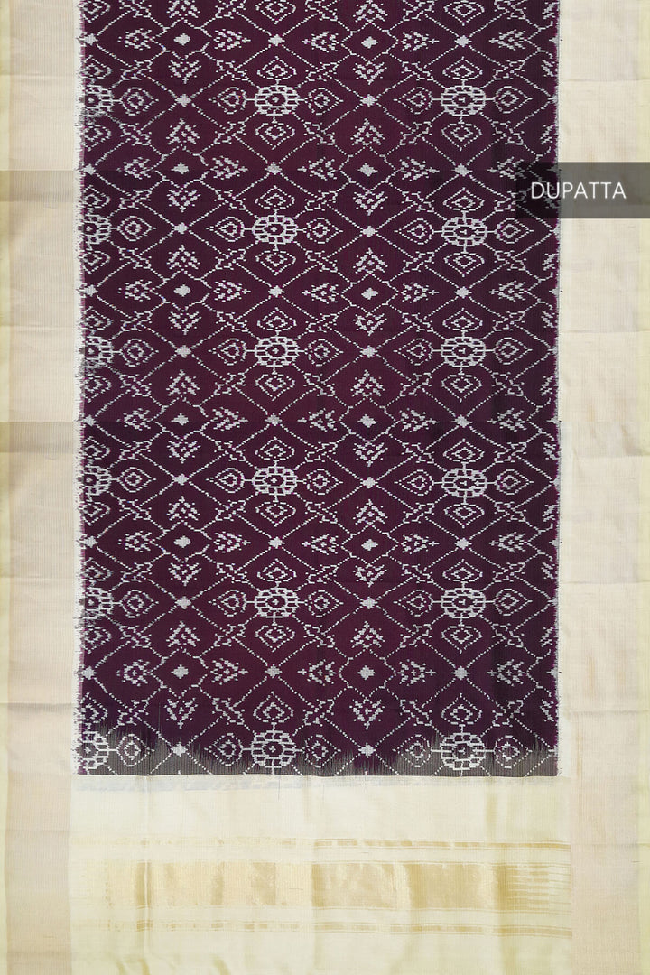 Handwoven Ikat pure silk dupatta in dark purple in pan bhat pattern