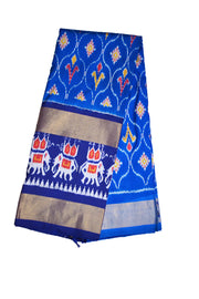 Handwoven Ikat  pure silk unstitched lehenga material in ananda blue  in floral pattern