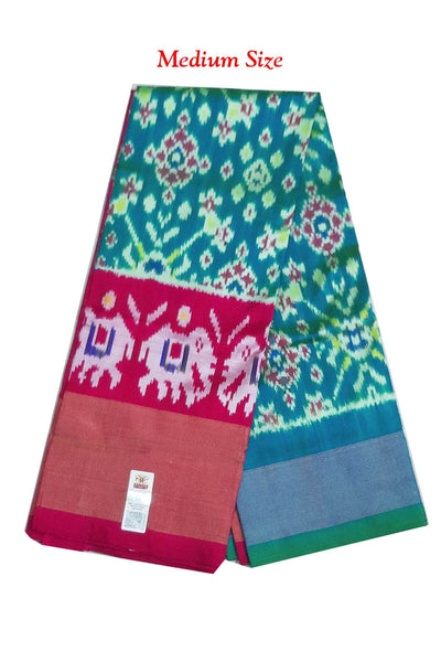 Handwoven Ikat pure silk unstitched lehenga material in teal green in navratan pattern