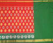 Handwoven Ikat pure silk unstitched lehenga material in red & green