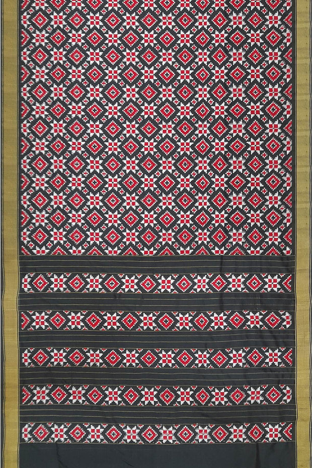 Double ikat telia pure silk saree in black, red & white in geometric pattern