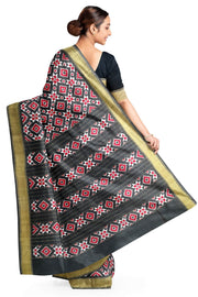 Double ikat telia pure silk saree in black, red & white in geometric pattern