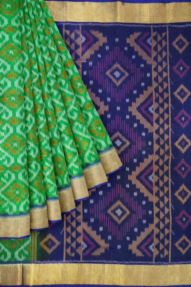 Handloom ikat silk cotton saree in green  & blue