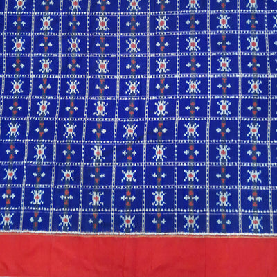 Handwoven Ikat pure silk fabric in blue with red border