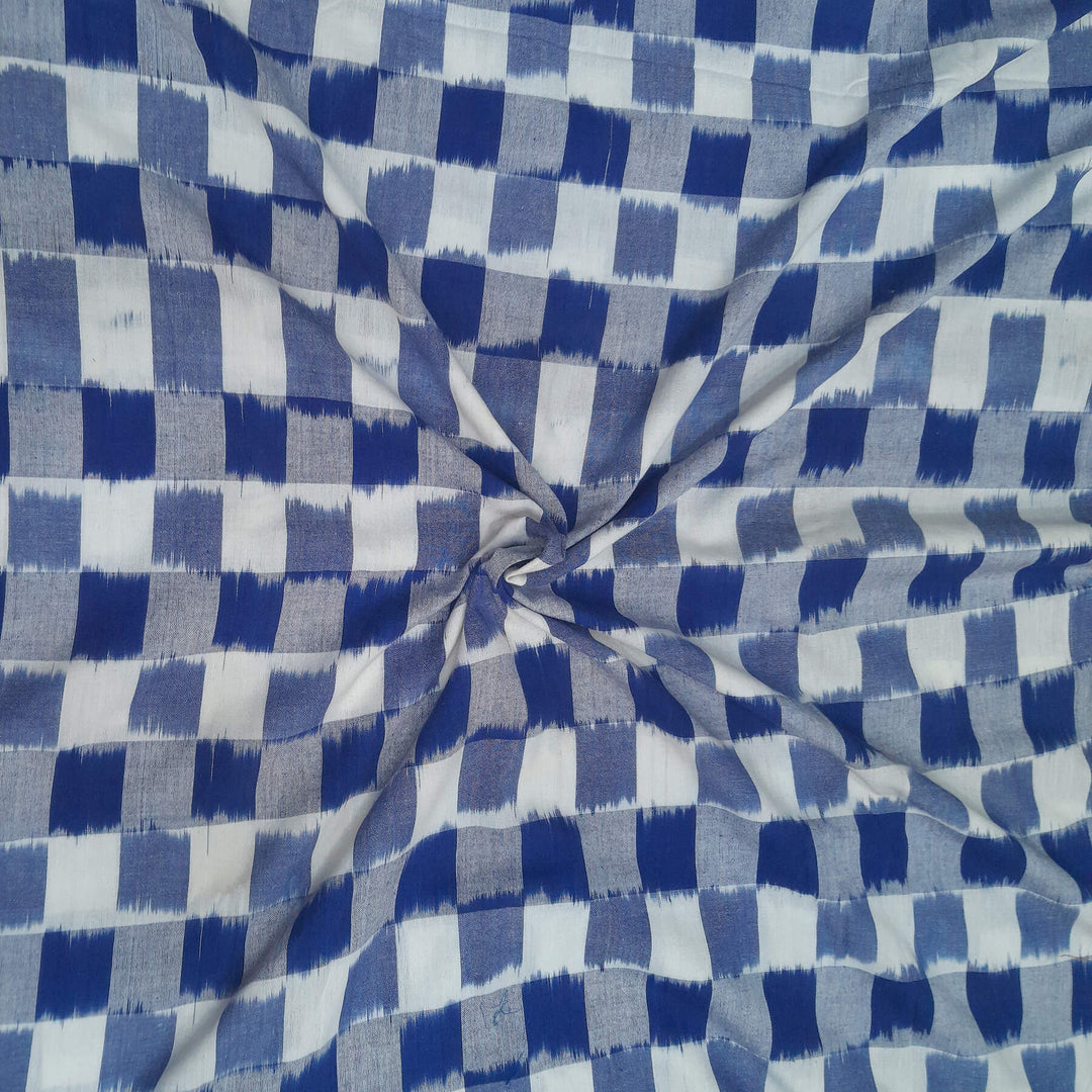 Handwoven double  Ikkat pure cotton fabric in off white & blue checks