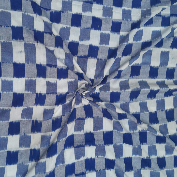 Handwoven double  Ikkat pure cotton fabric in off white & blue checks