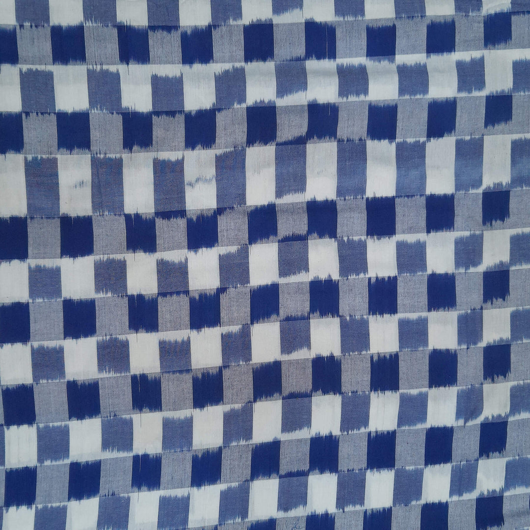 Handwoven double  Ikkat pure cotton fabric in off white & blue checks