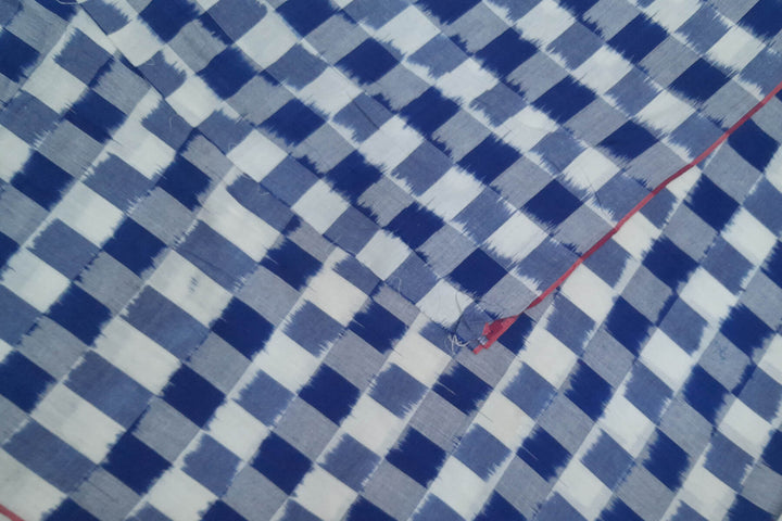 Handwoven double  Ikkat pure cotton fabric in off white & blue checks