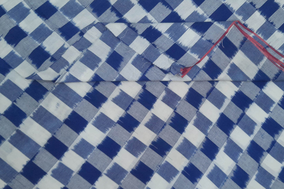 Handwoven double  Ikkat pure cotton fabric in off white & blue checks