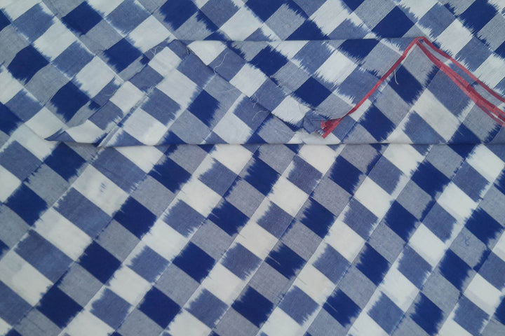Handwoven double  Ikkat pure cotton fabric in off white & blue checks