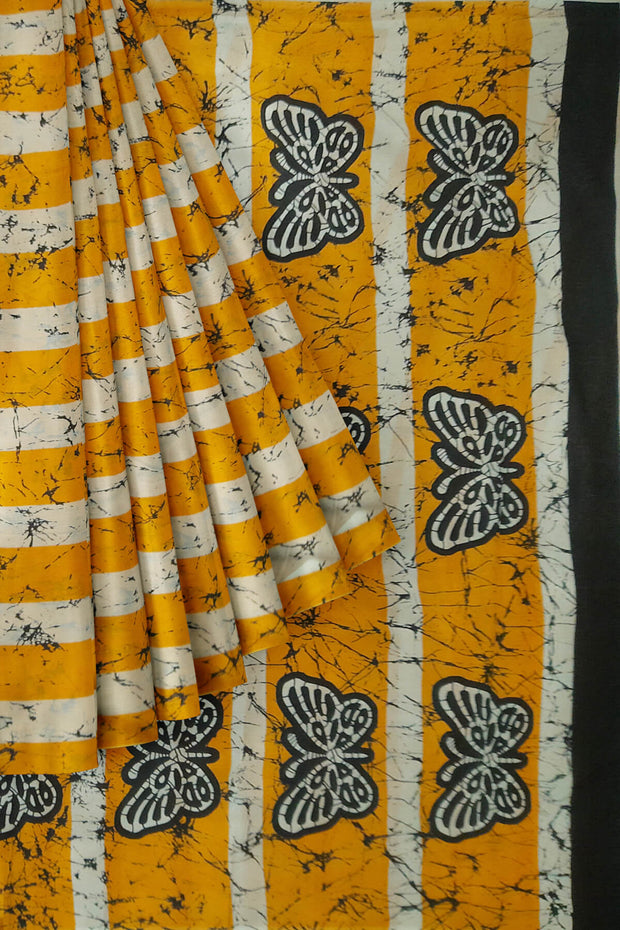 Jaipur cotton saree with Bagru block print in yellow with shibori print