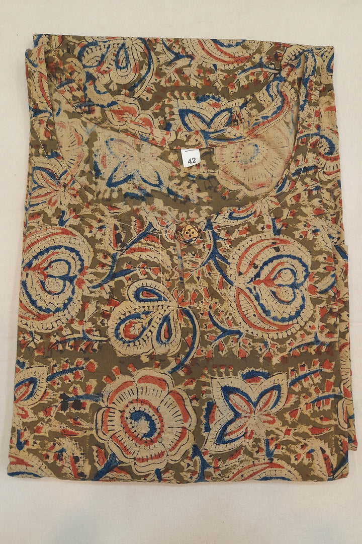 Kalamkari cotton kurti in straight cut  in olive green