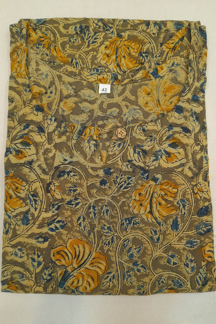 Kalamkari cotton kurti in straight cut  in olive green mustard