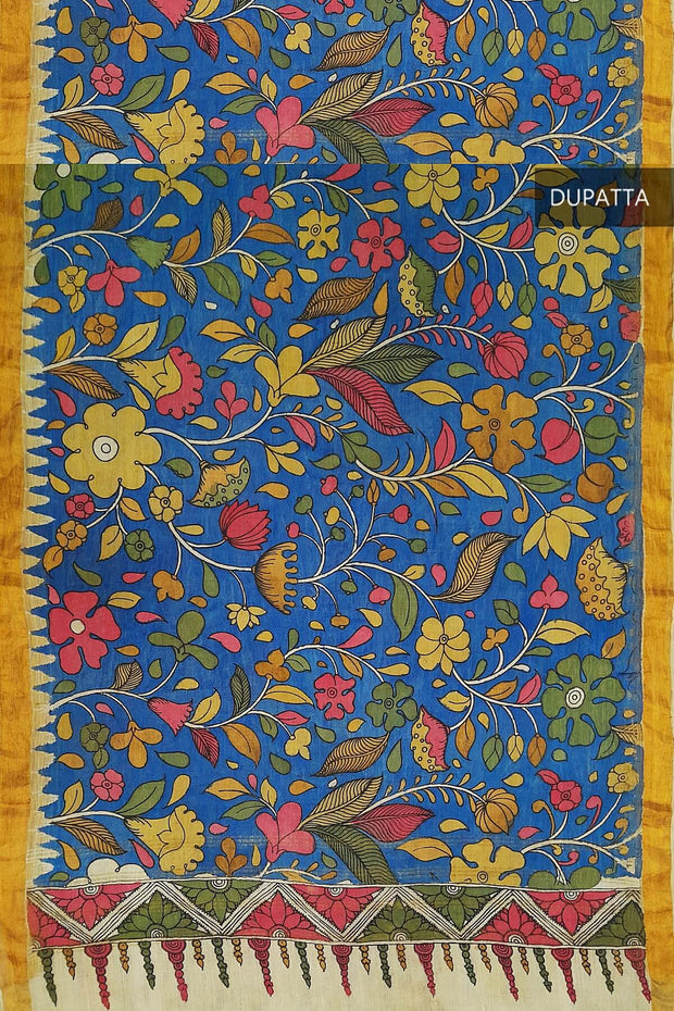 Ponduri  cotton dupatta in hand painted kalamkari in blue