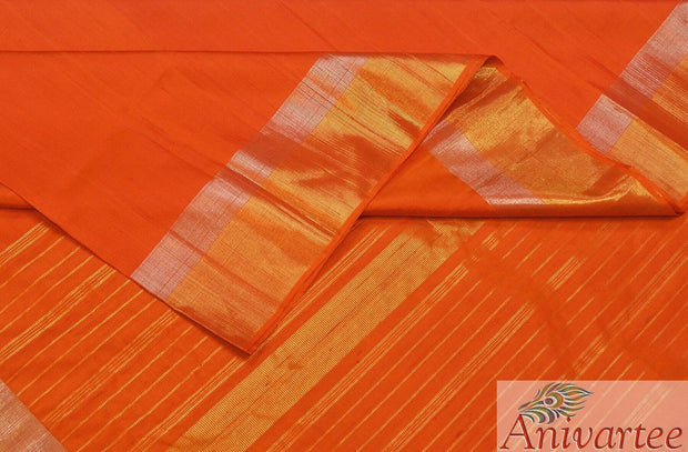 Kanchipuram pure silk saree in dupioni finish with gold & silver border