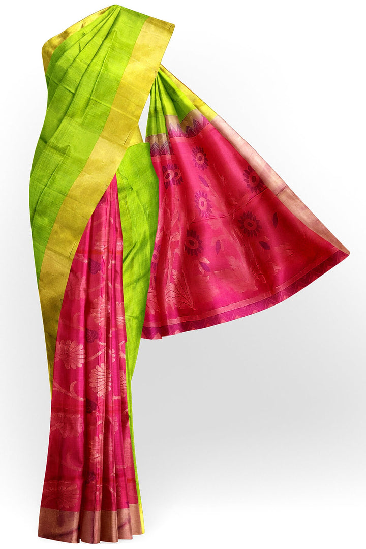 Handloom Kanchi soft silk saree in green & pink in partly style.