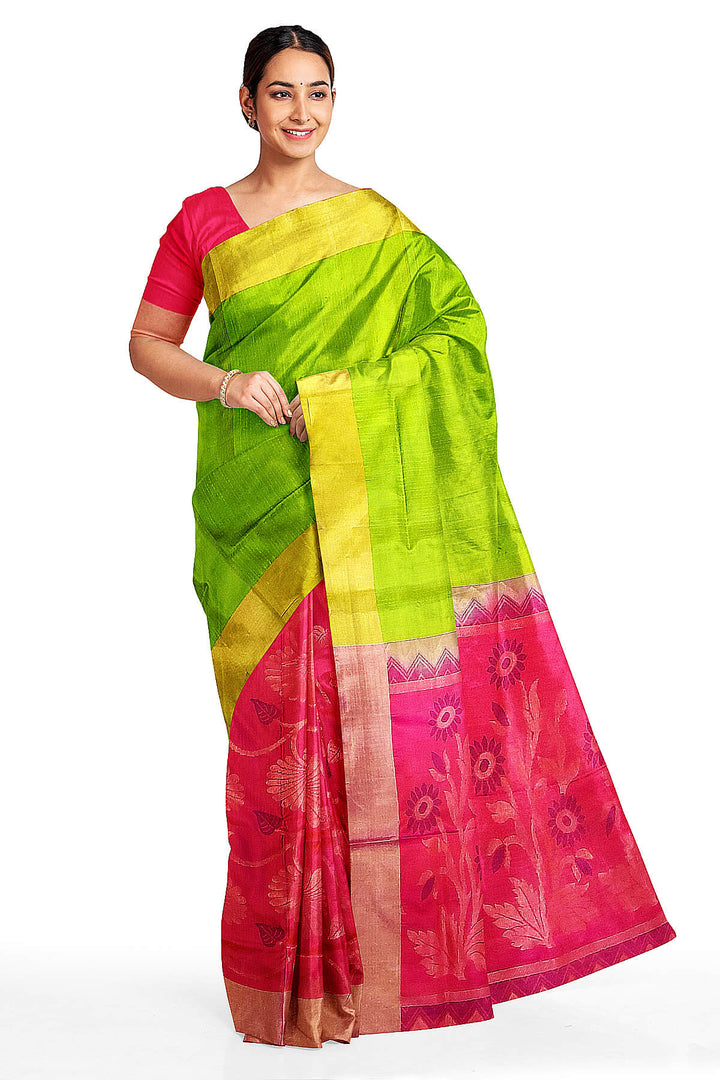 Handloom Kanchi soft silk saree in green & pink in partly style.