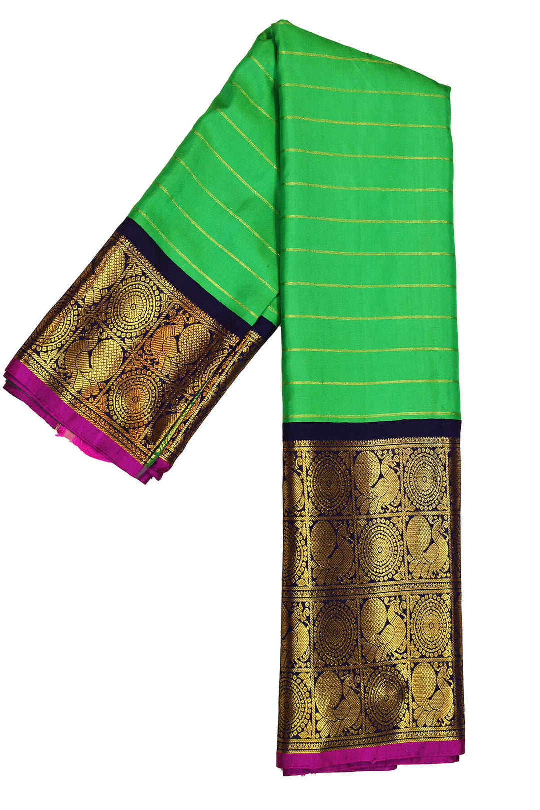 Kanchi pure silk pure zari saree in green with zari stripes