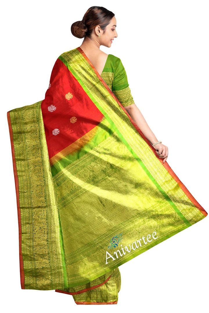 Handwoven Kanchi pure silk pure zari saree in red with peacock motifs in gold and silver