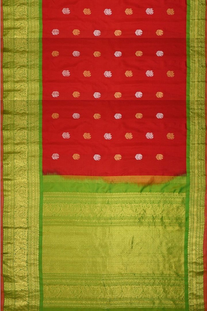 Handwoven Kanchi pure silk pure zari saree in red with peacock motifs in gold and silver