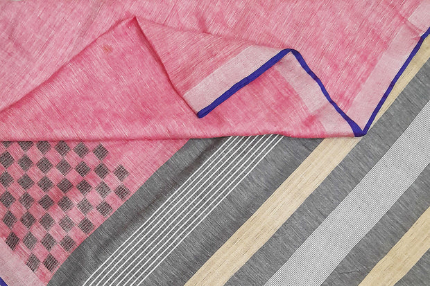Pure linen saree in pink with a patterned skirt border & a striped pallu