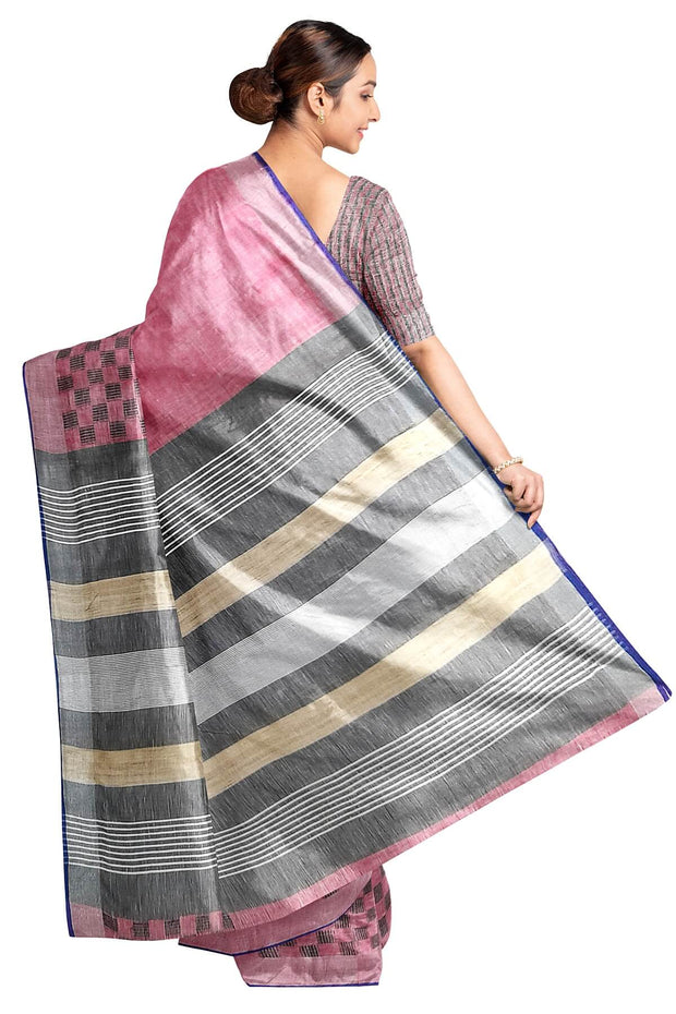 Pure linen saree in pink with a patterned skirt border & a striped pallu