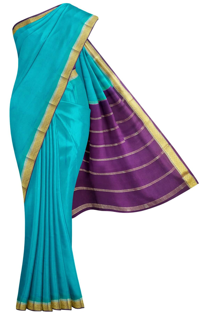 Mysore  crepe pure silk saree in  blue  with contrast pallu in purple