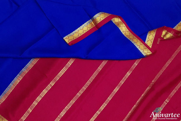 Mysore  crepe  silk saree in blue with contrast pallu in magenta