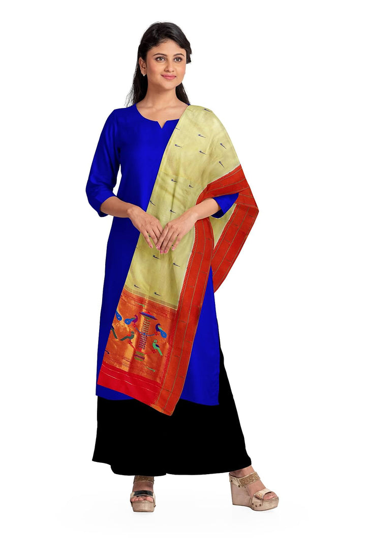 Handwoven Paithani pure silk dupatta in pastel shade of yellow