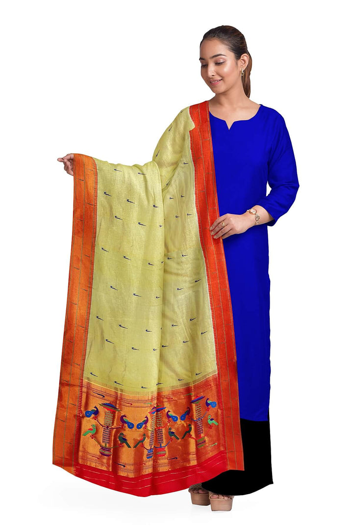 Handwoven Paithani pure silk dupatta in pastel shade of yellow