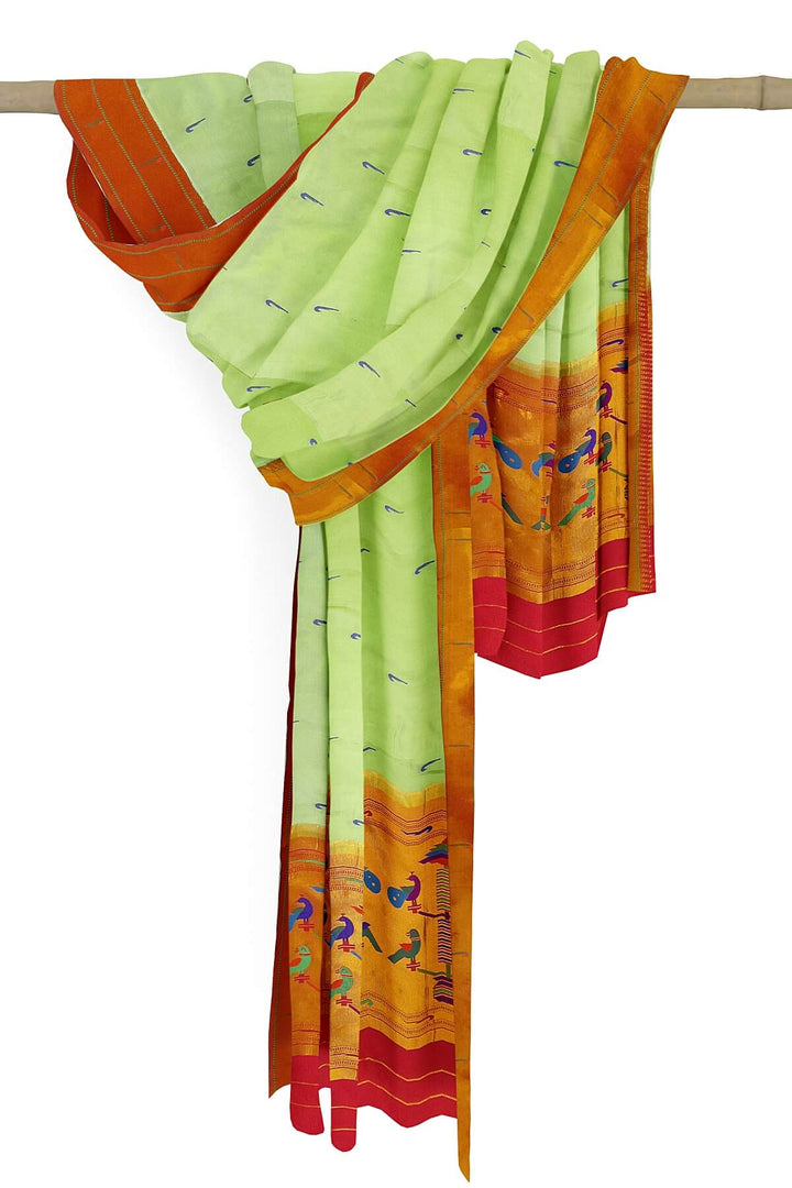 Handwoven Paithani pure silk dupatta in pista green