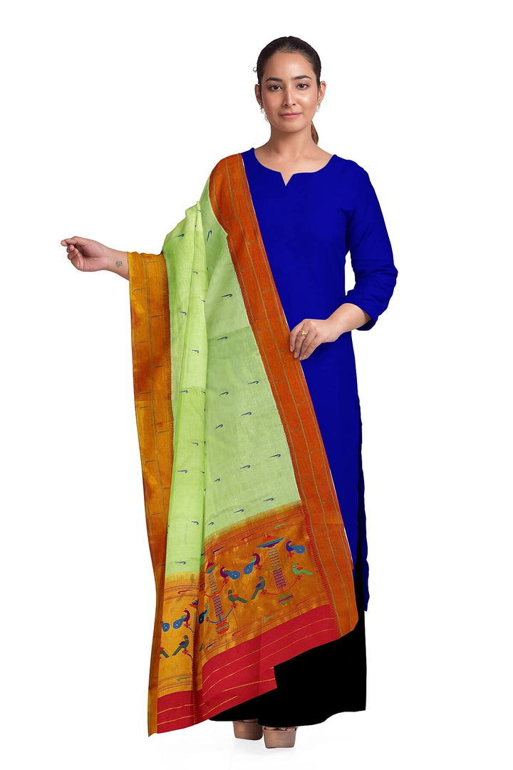 Handwoven Paithani pure silk dupatta in pista green