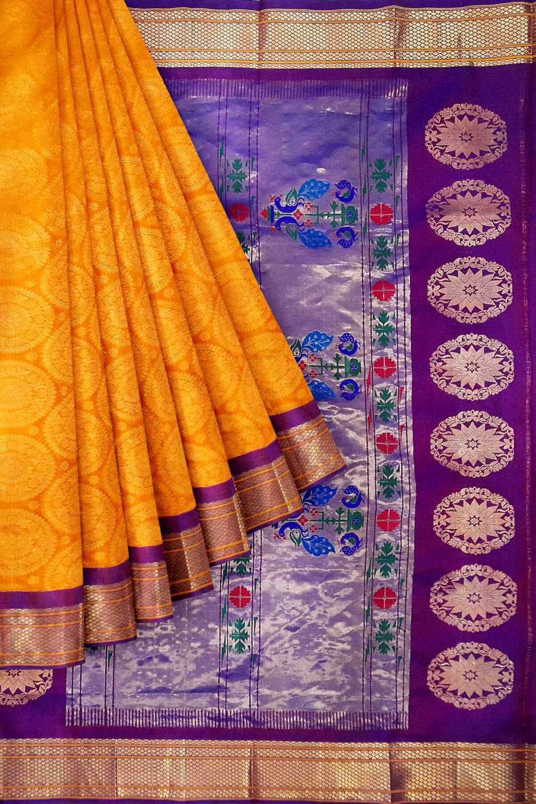 Paithani pure silk brocade saree in mustard with round motifs
