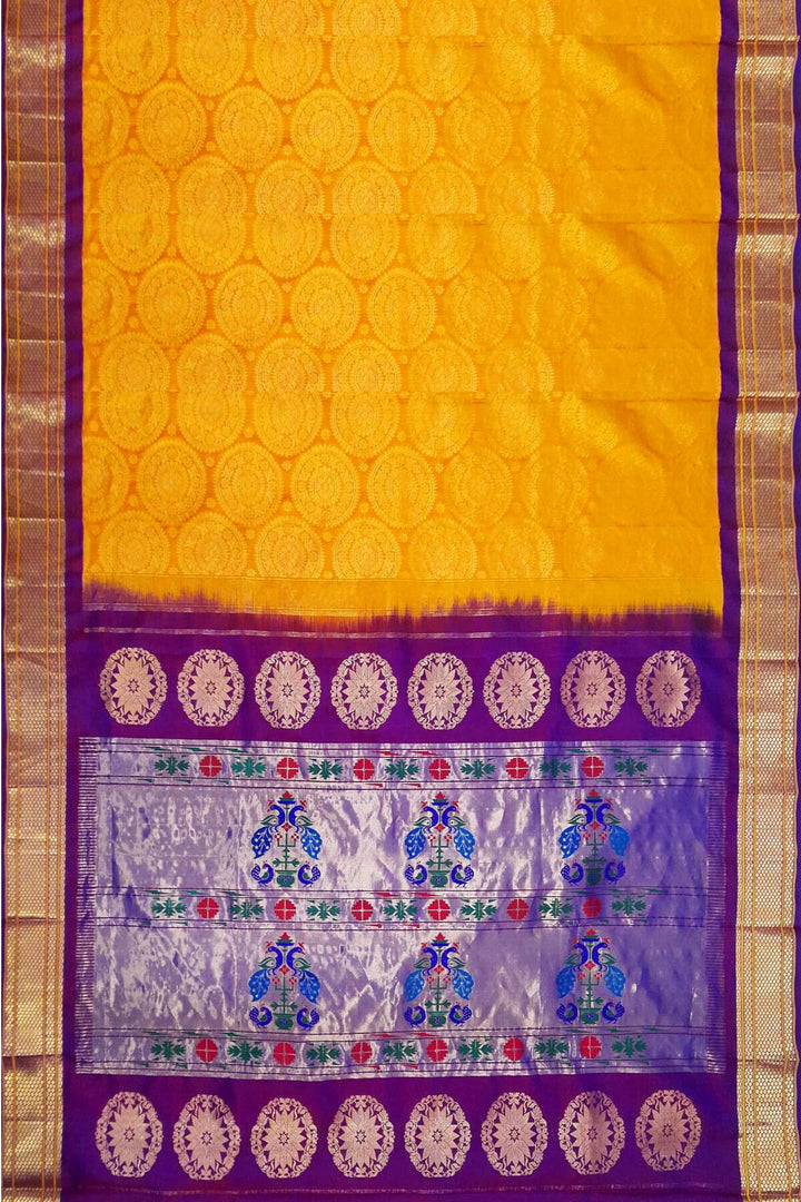 Paithani pure silk brocade saree in mustard with round motifs