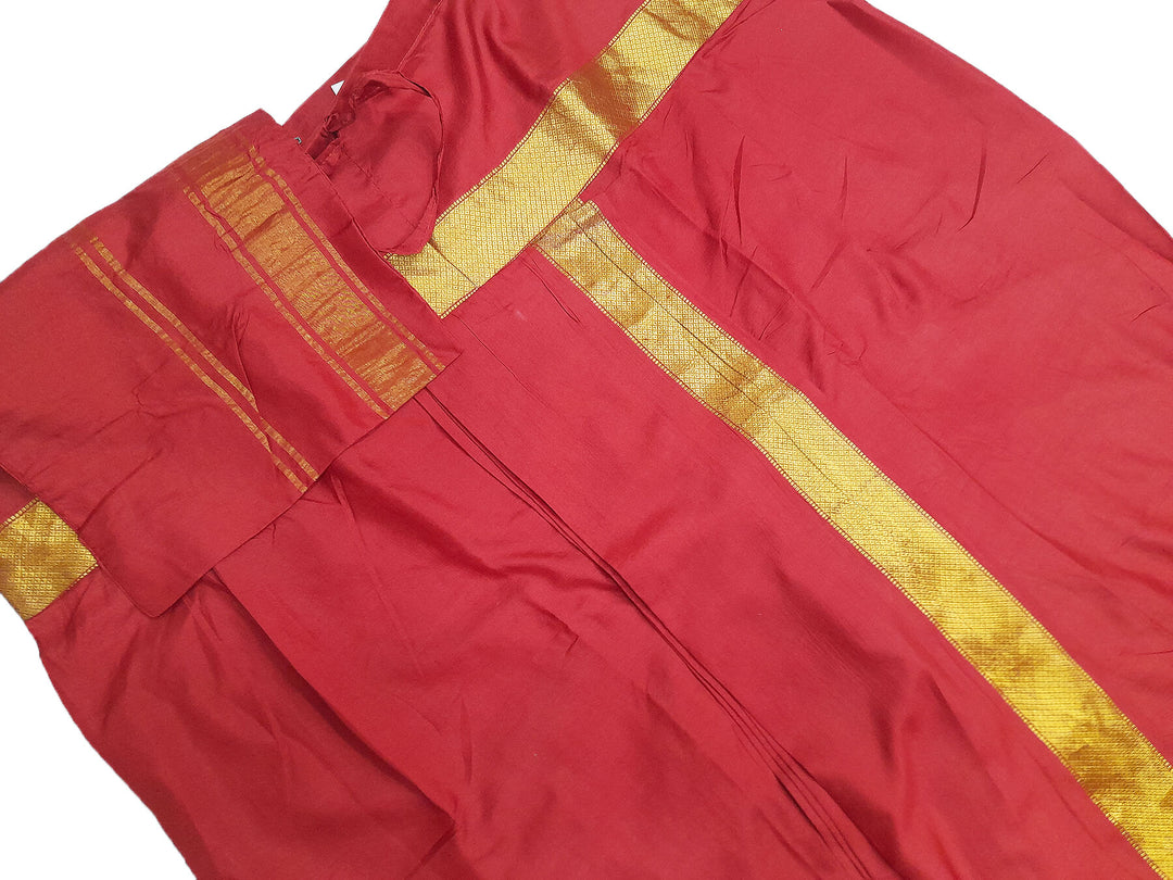 Ready to wear pure silk Dhoti/Panche  with Angavastram/Shelya  in red with  2 inch gold border