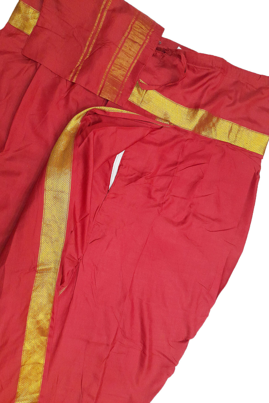 Ready to wear pure silk Dhoti/Panche  with Angavastram/Shelya  in red with  2 inch gold border