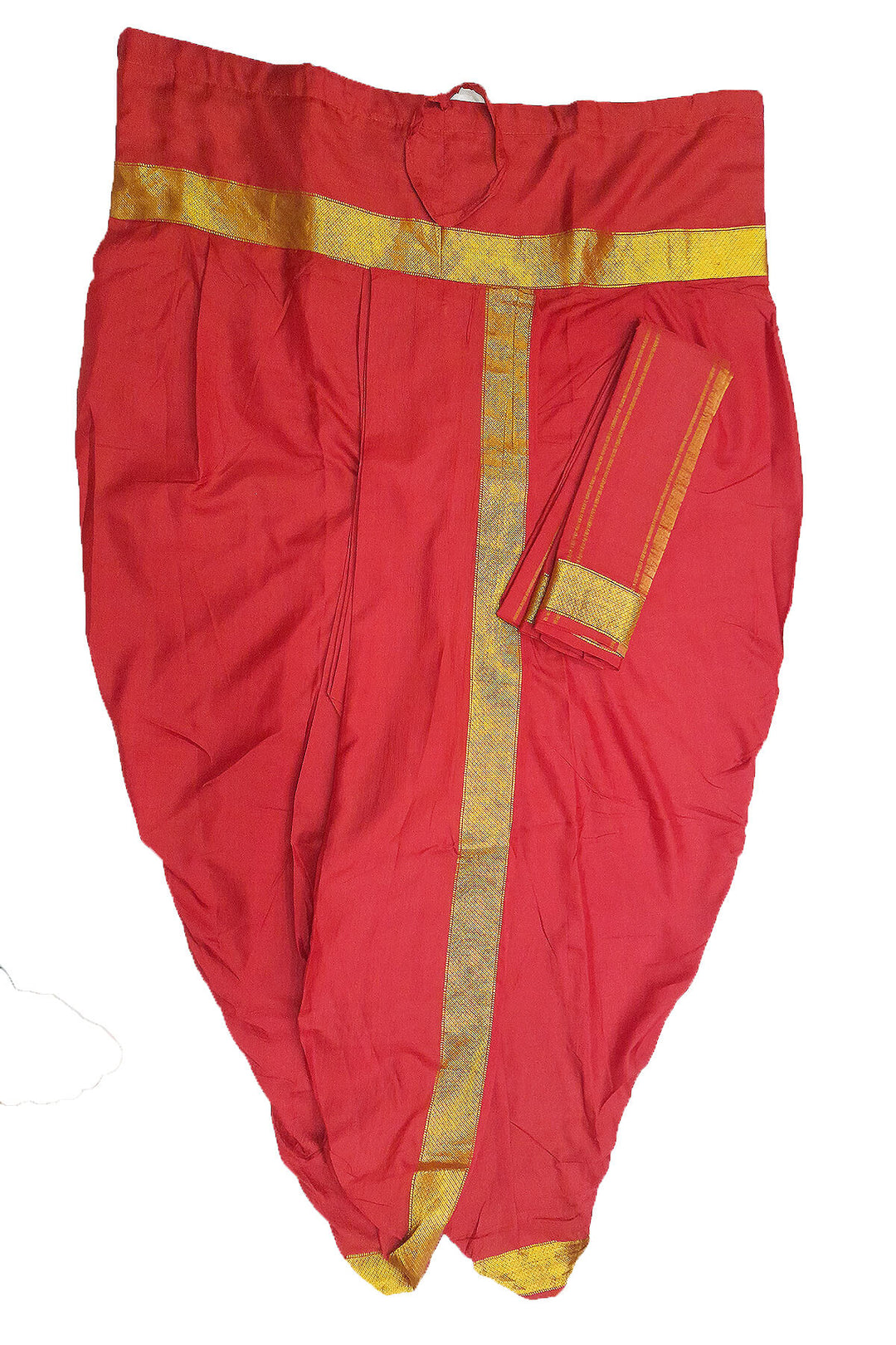 Ready to wear pure silk Dhoti/Panche  with Angavastram/Shelya  in red with  2 inch gold border