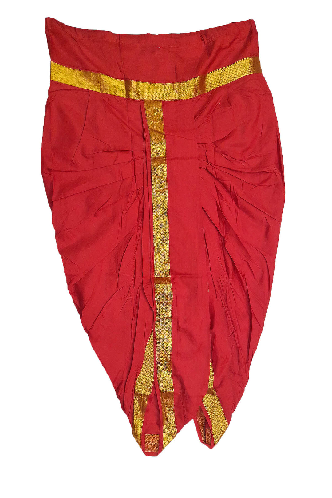 Ready to wear pure silk Dhoti/Panche  with Angavastram/Shelya  in red with  2 inch gold border