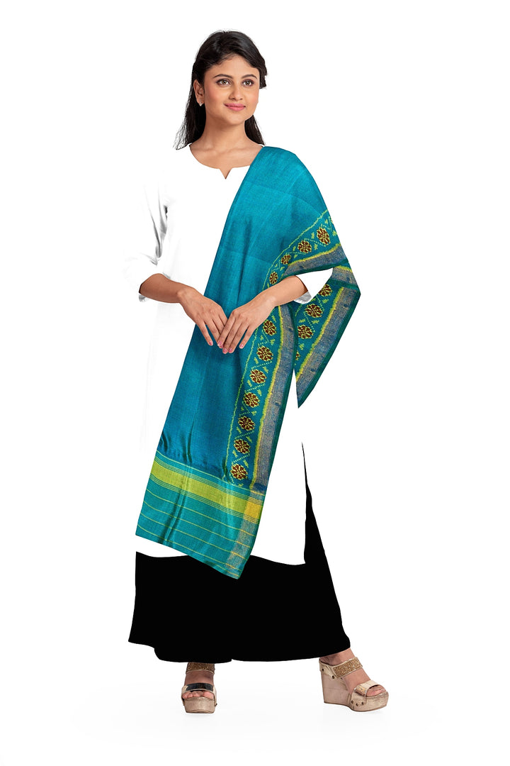 Handloom Patola pure silk dupatta in teal blue with floral pattern in borders